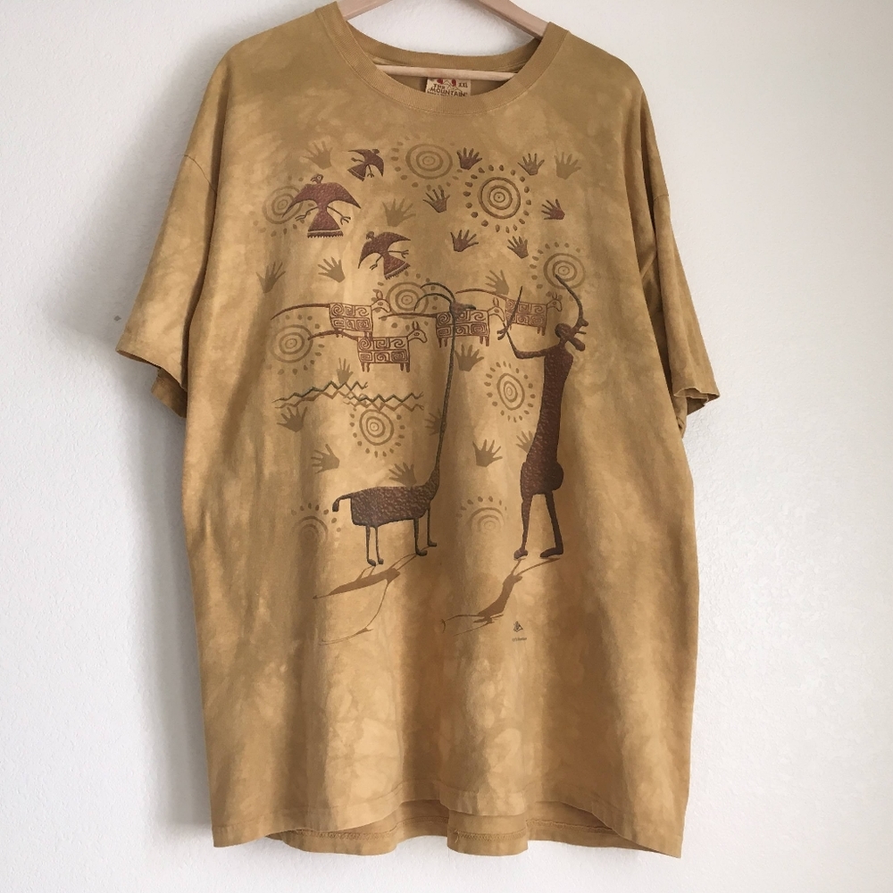 Vintage The Mountain Native American hieroglyphics t-shirt, washed tan, XXL
